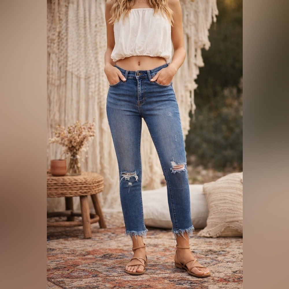 FREE PEOPLE Skinny Jeans Womens 27 Blue Distressed Raw Hem Crop Denim Stretch